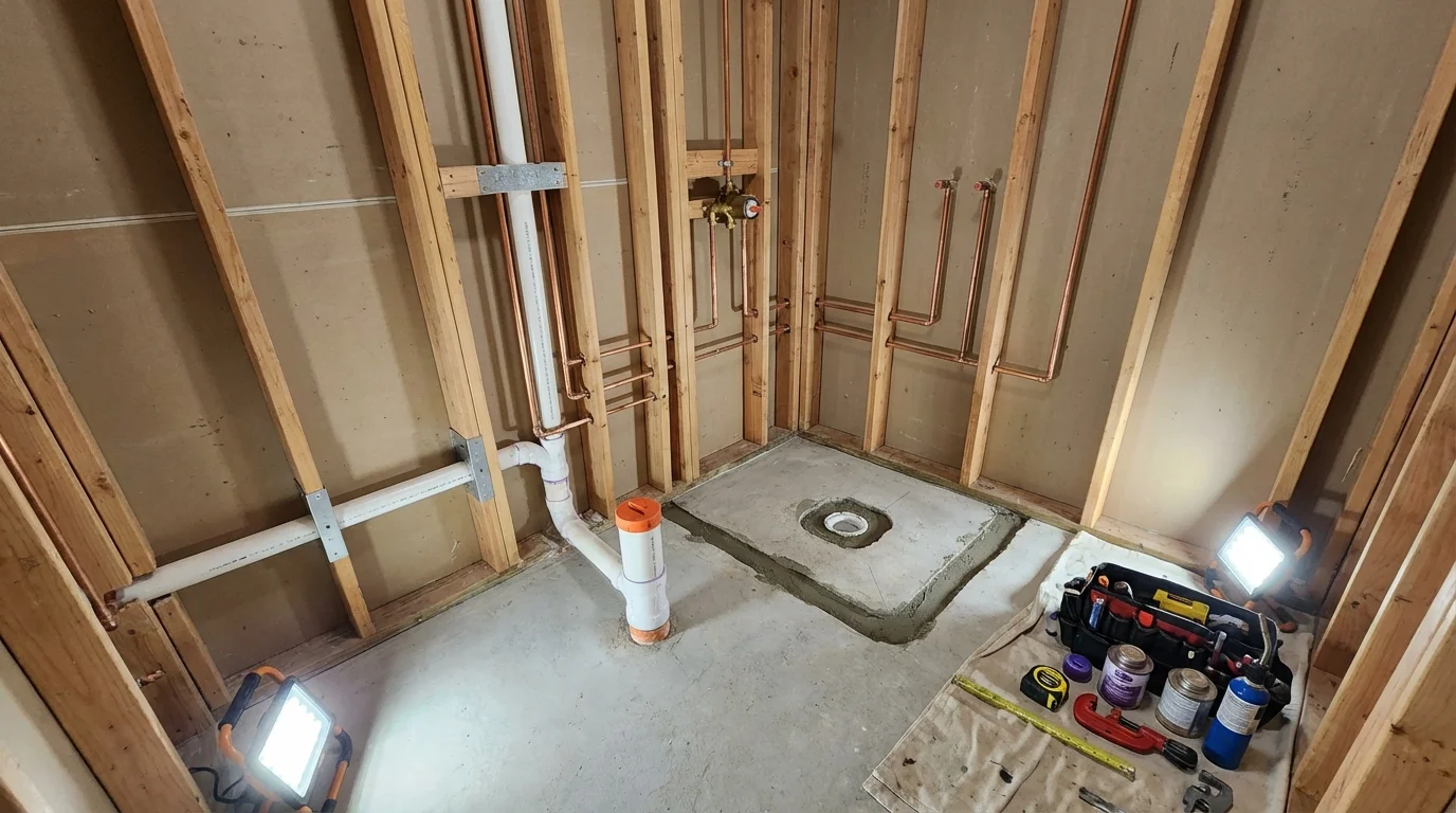 Bathroom rough-in plumbing during remodel by Johns Plumbing LLC in Boardman