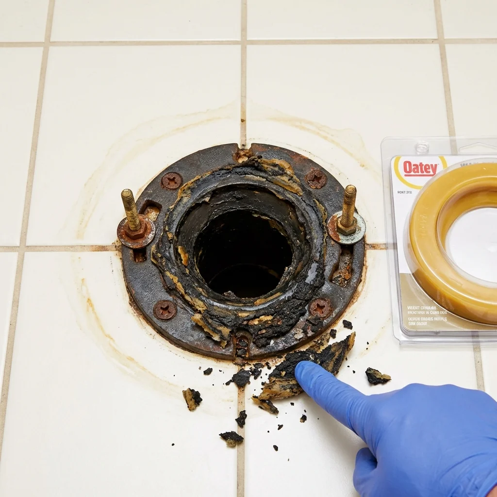 Failed wax ring showing water seepage at the base of a toilet in a Boardman, OR home